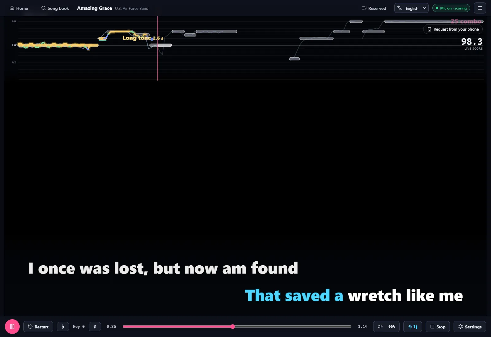 The KAREOKIE singing screen: live pitch line, synced lyrics and live score